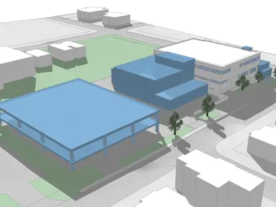 architectural rending of Police Service building on Water Street facing west, with proposed renovation areas to building and parking lot