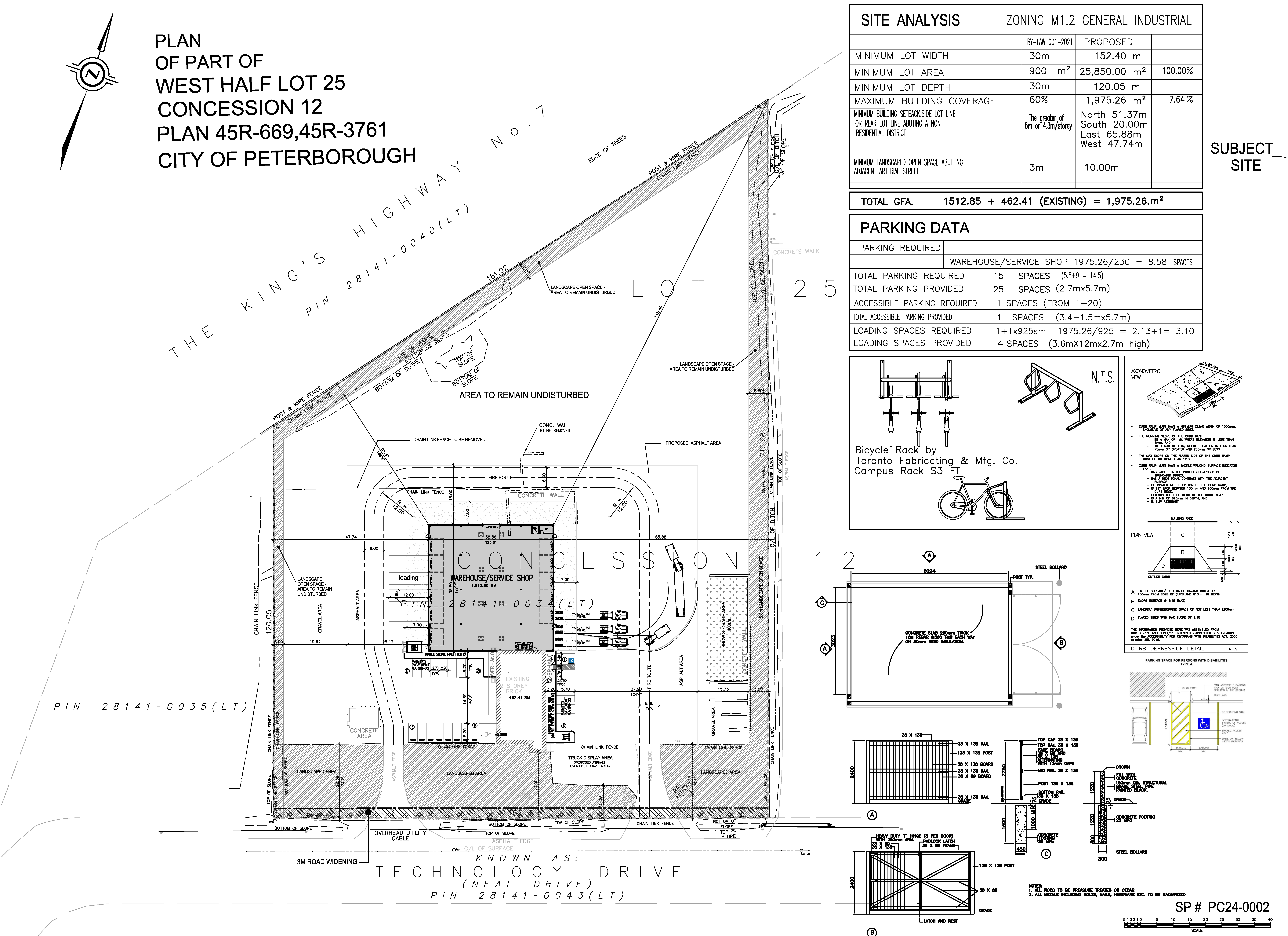 Site Plan drawing that shows roadways, existing and proposed buildings, bike rack, walkways, parking and main entrance features as well as vehicle flow on site.
