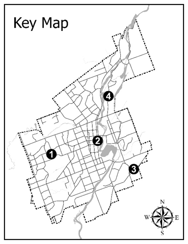 Key map showing four properties in the City of Peterborough