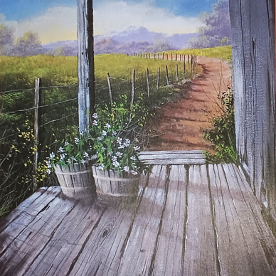 A painting from the perspective of sitting on a country-style veranda. Looking off the wooden steps, down the dirt drive-way lined with fields on both sides. Mountains and trees in the distance. Tall grass on the left
