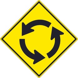Diamond shaped sign, yellow background, black border, and three arrows in a circular pattern in the centre